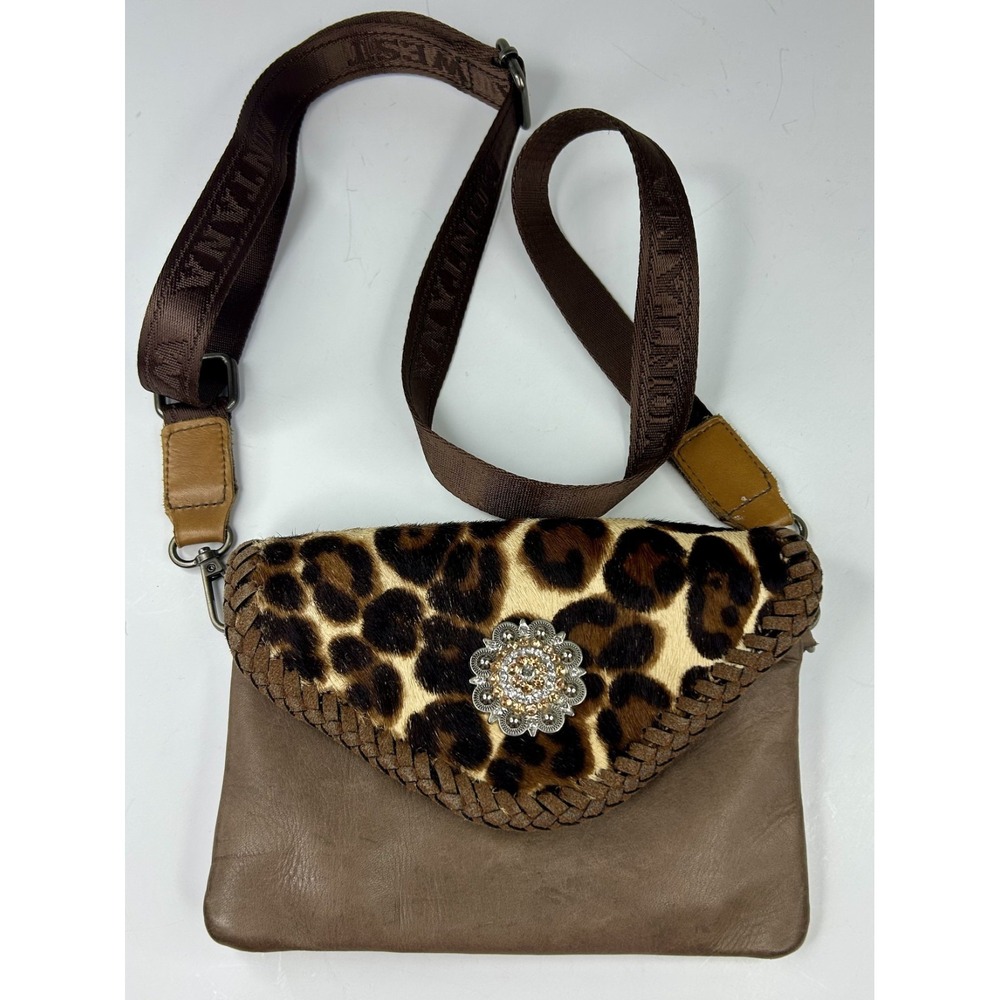 Stone Mountain Crossbody Bag Leather‎ Leopard Calf Hair Jeweled Concho BOHO Flap